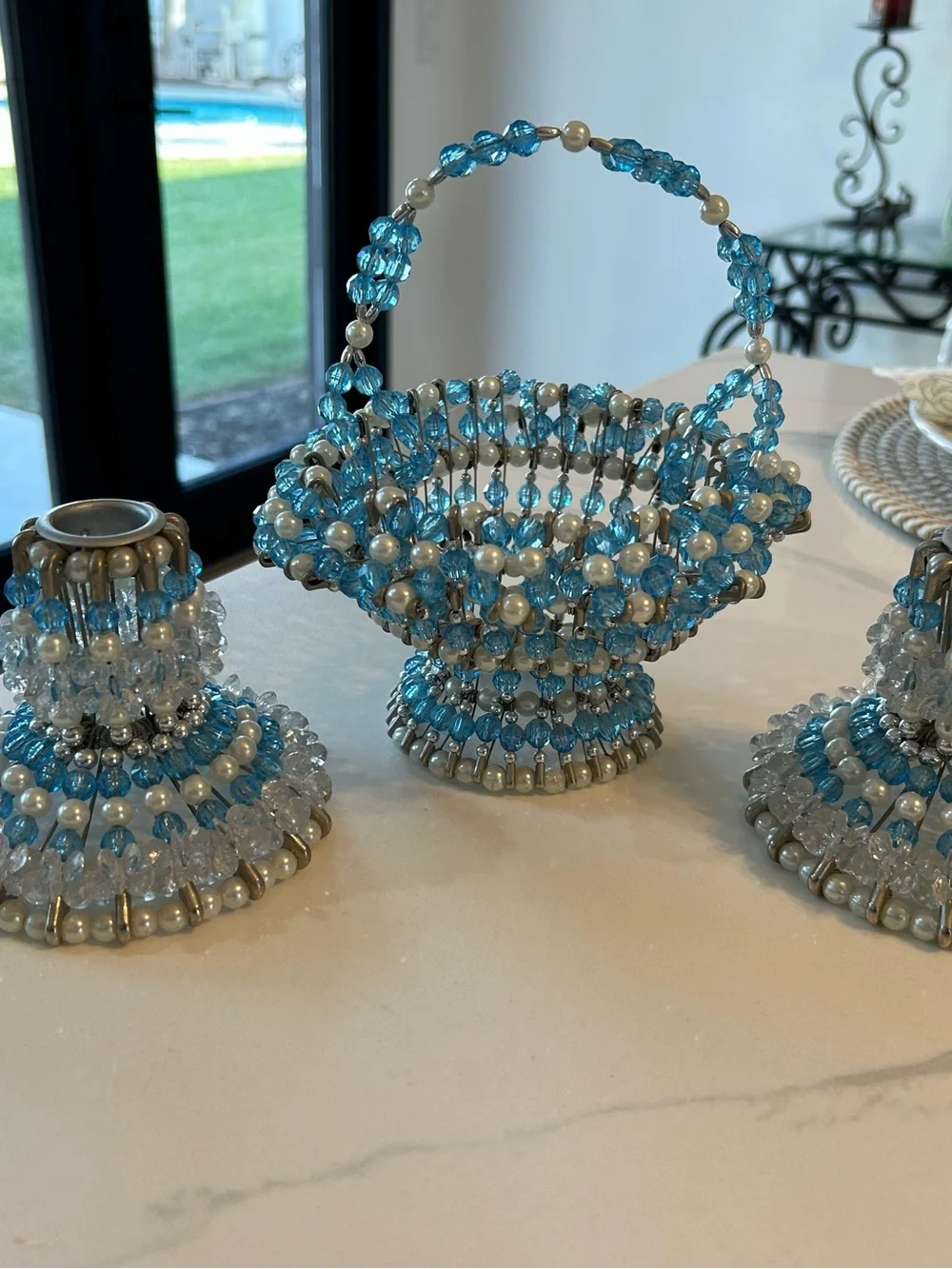 Handcrafted Beaded Blue Basket Safety Pins Lot of 3